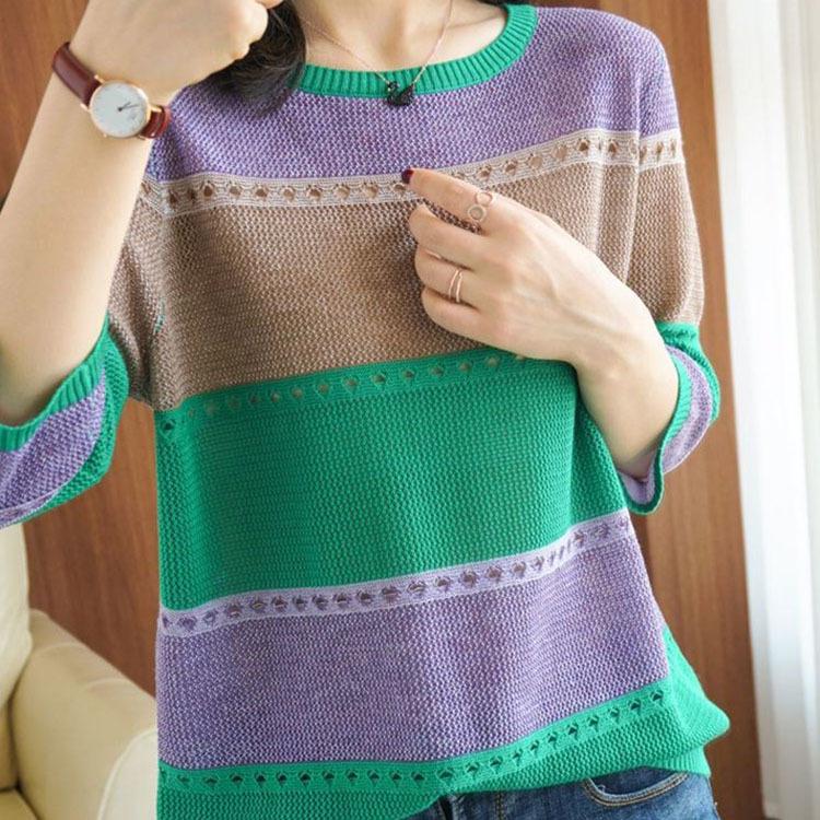 Spring/Summer 2026 Women's Three-Quarter Sleeve Color Block Knit Pullover Sweater