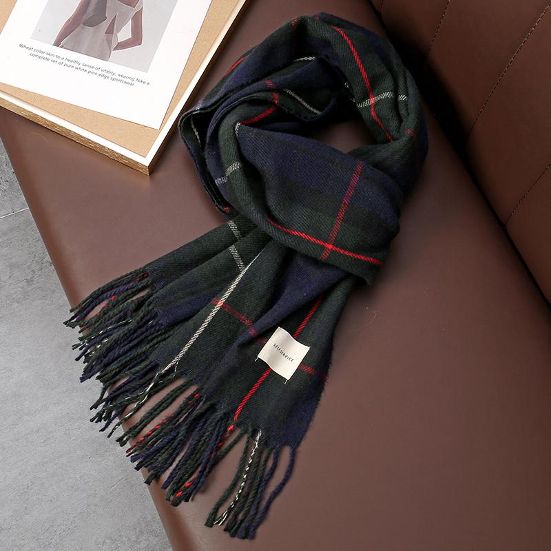 Vintage Green Plaid Tassel Scarf Women Imitation Cashmere Thickened Warmth Autumn Winter Shawl Wrap Scarves Pashmina