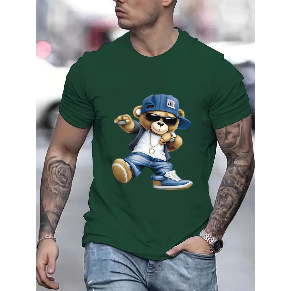 Men's Summer 100 Cotton Fashionable Casual Sports Loose Large Cartoon Cool Bear Pattern Printed Round Neck Short Sleeve T-shirt