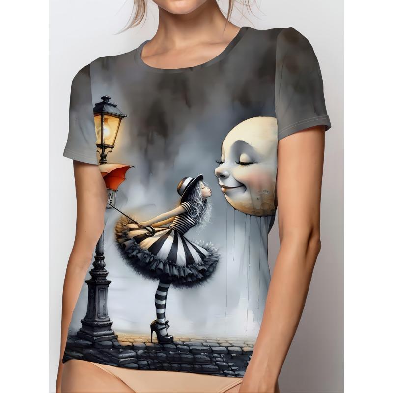 Women s Round Neck Short Sleeve T-shirt - and Moon Print, Soft and Breathable Fabric S