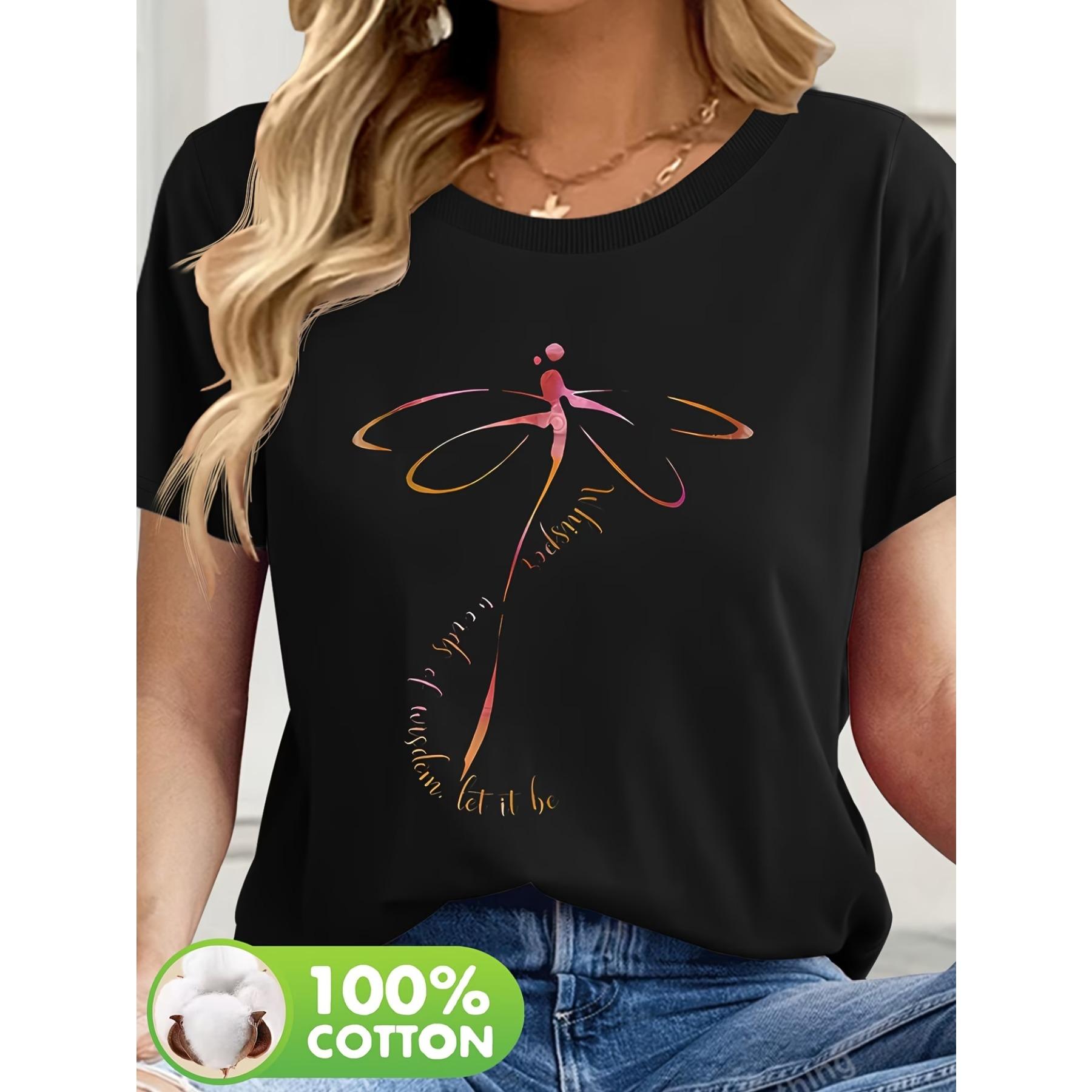 

Women S Short-Sleeve T-Shirt with Dragonfly Print Summer Outfit for Casual Wear XXL чорний