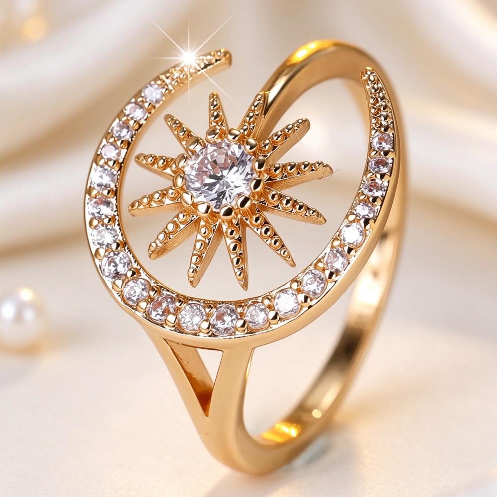 Elegant Silver Color Gold Color Moon Star Zircon Adjustable Band Open Ring for Women Party Wedding Jewelry Gift