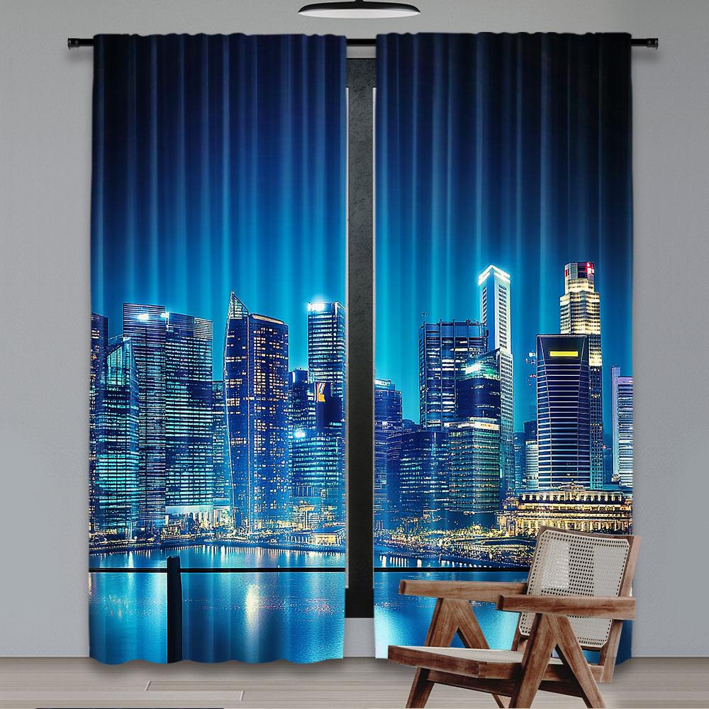 Set Of 2 Cityscape Curtain Big City Night Panorama Balcony Skyscrapers Bedroom Living Room Dining Polyester Perfect For