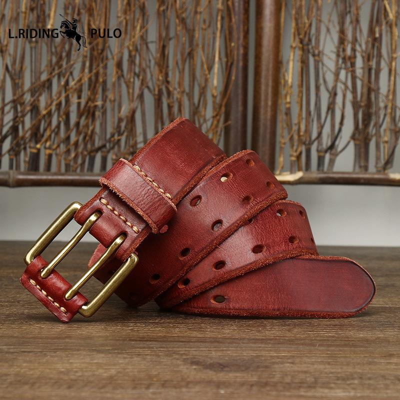 Cintura in Pelle Trendy Stile Retro con Doppia Fibbia ad Ardiglione, Vera Pelle, Vacchetta Primo Strato Conciata al Vegetale Lavata, Nuovo Stile per Giovani Uomini