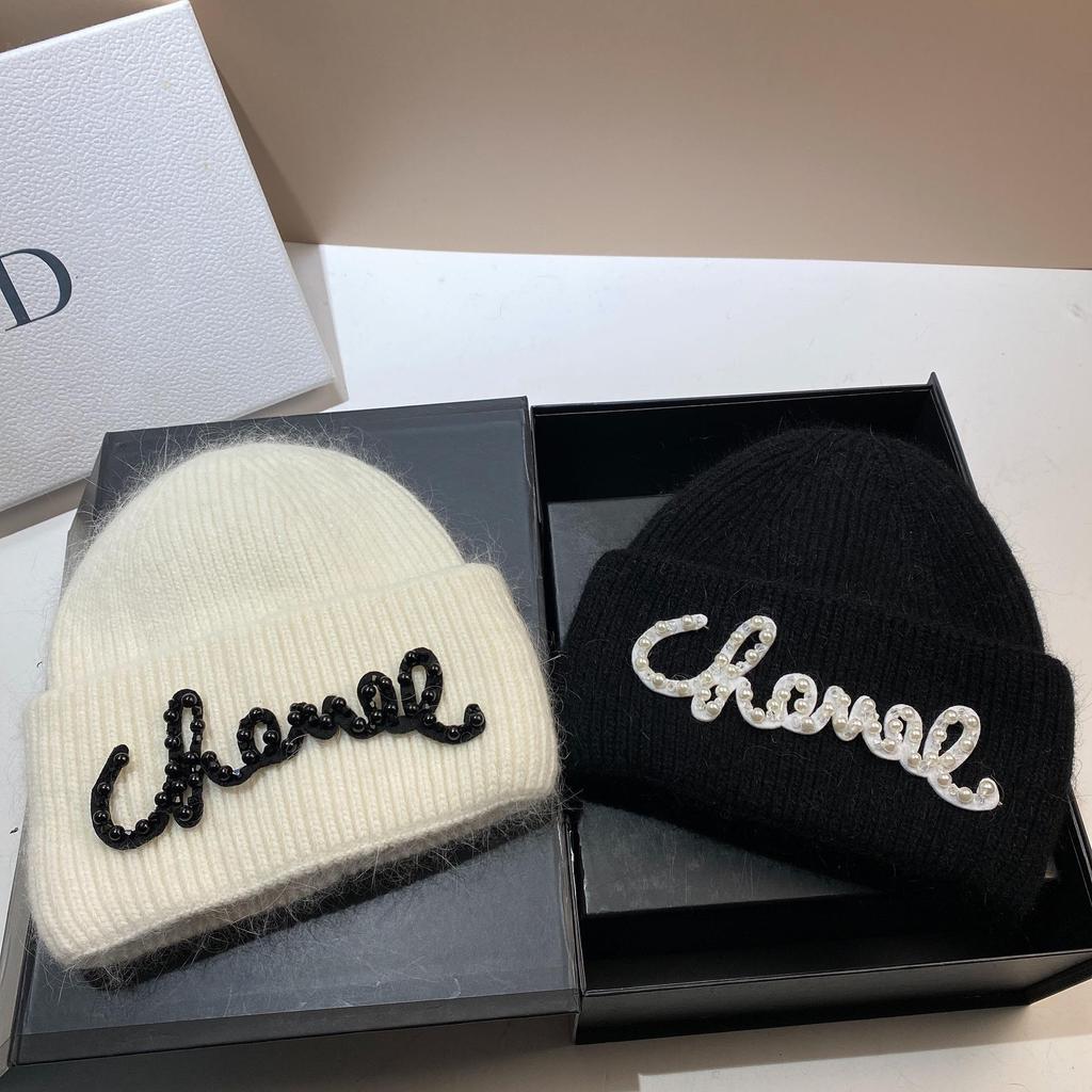 Pearl Hat Rabbit Hair Warm Knit Hat Women's Fashionable Winter Cold Hat Increase And Lengthen Double Folded Edges Hat