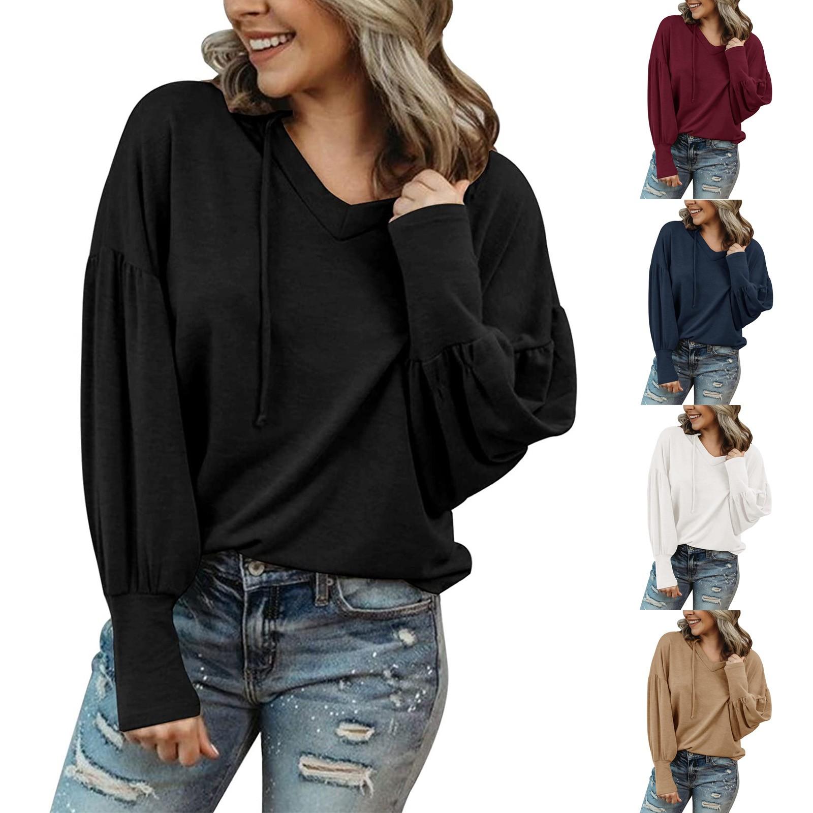 

Женская мода для отдыха, однотонный пуловер с длинным рукавом и v-образным вырезом с капюшоном