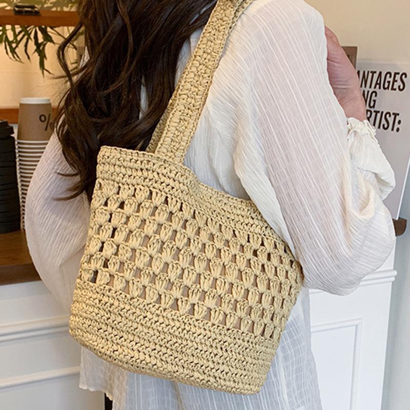 Large Capacity Straw Woven Tote Bag New Straw Bag Handmade Hollow Woven Bag Shoulder Fashion Tote Bag Vacation Beach Bag Women