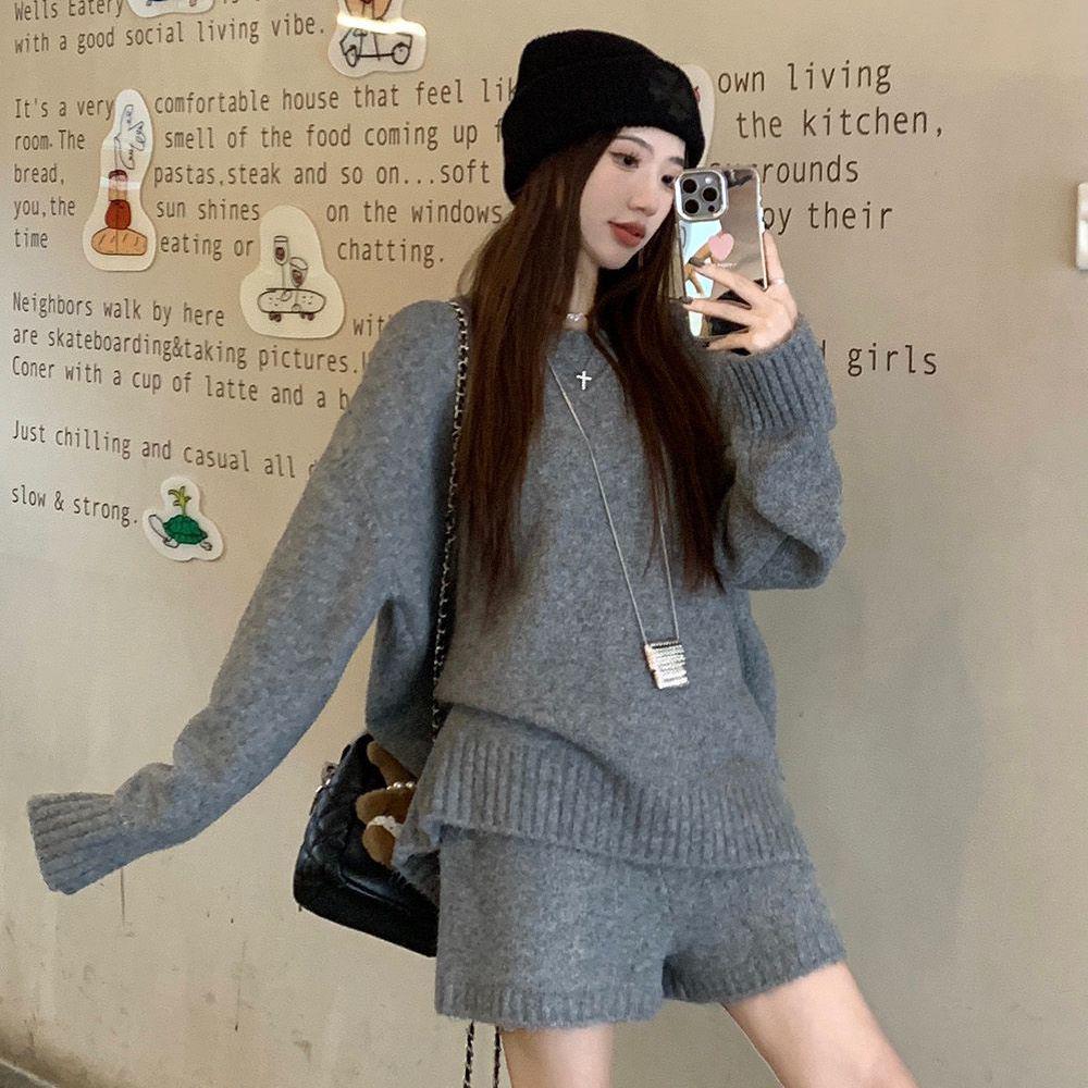 Chic Casual Two-Piece Set: Solid Color Sweater Knitwear & High Waist Wide Leg Shorts for Winter