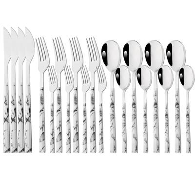 20 Piece (4 Set) Silver Stainless Steel Tableware White Marble Handle Wedding Cutlery Daily Use Silverware Home Restaurant Party Mirror