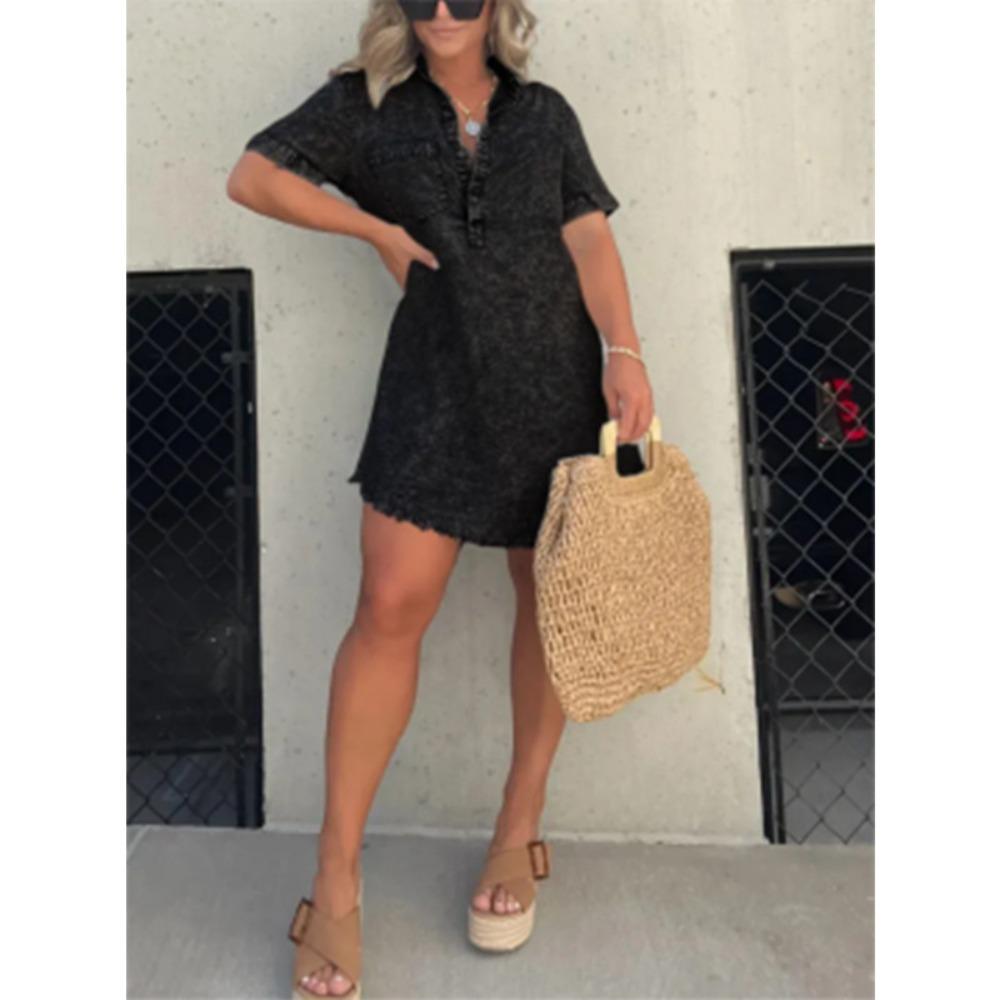 Damen Spitzkragen Kurzarm Mini Hemdkleid Lockerer Schnitt Ohne Taille Streetwear Einfarbig Ausgefranster Saum Gewaschenes Jeanskleid Sommer Lässig Jeanshemdkleid