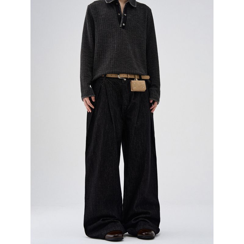 Kisko American Retro Pleated Wide-Leg Baggy Washed Denim Pants for Men and Women, High-End Loose Drape Pants Trendy