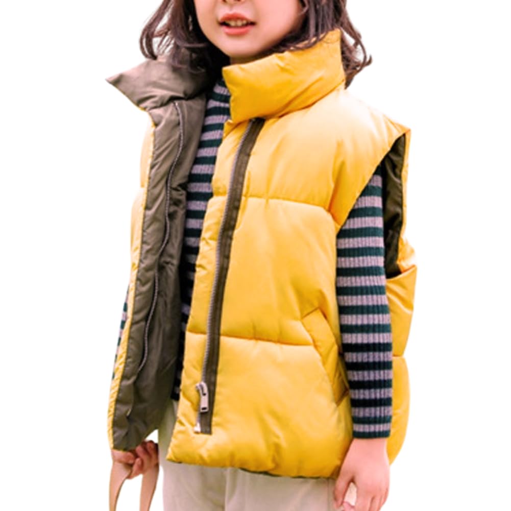 ALVEIN Down Elastic Waistband Size Kids' Vest, Stand-Up Collar, Zip-Up, Sleeveless, Padded, Windproof, Lightweight, (JP, 110, Yellow)