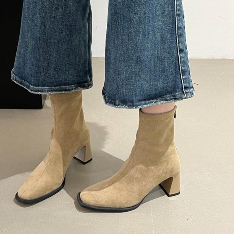 Fashionable New Square Head Sexy Suede Casual Work Boots for Winter Comfortable Zipper Banquet Elegant High Heels Women's Boots