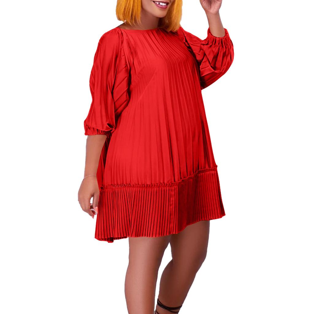 Große Größe Frauen Sommer Mode Solide Plissee Verband Kleid Damen Ein Stück Lange Ärmel Kurzes Kleid
