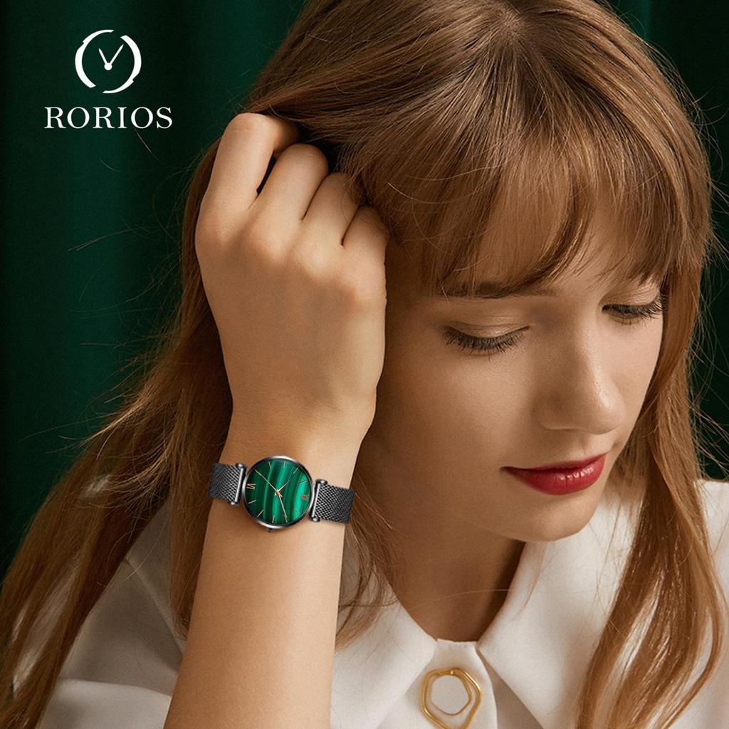 RORIOS Women's Watch, Japanese Quartz Movement, Malachite Stone, Green Dial, Water Resistant, Analog, Casual, Stainless Steel & Leather Band, Stylish,