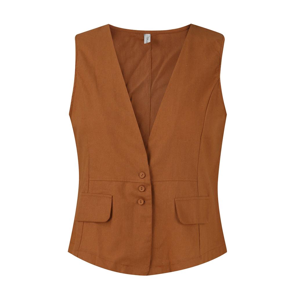 Vintage Vest Summer Deep V-Neck Solid Casual Sleeveless Tank Tops Cotton Linen Thin Outerwear Vest Coat