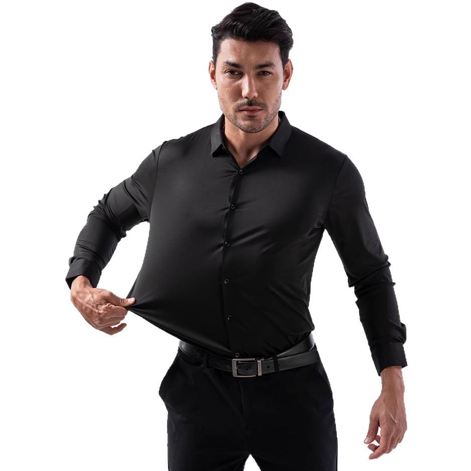 100KG Non-Iron Four-way High Stretch Men's Long Sleeve Shirt Silky Soft Sommth Blue Black Business Party Wedding Male Clothing
