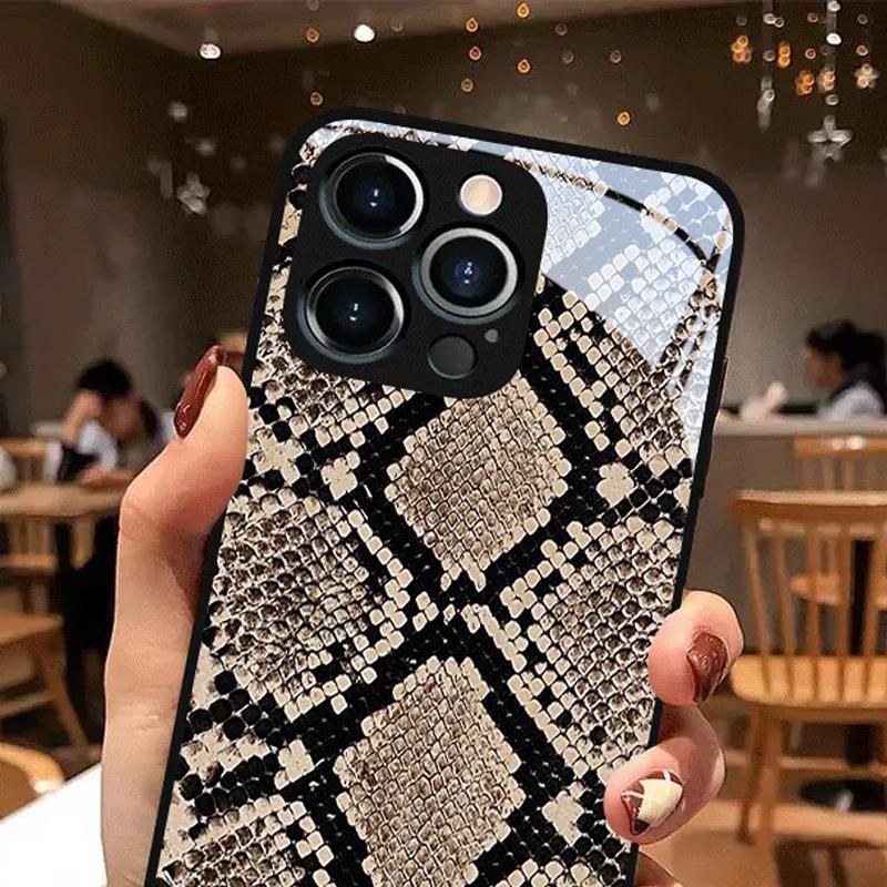 Snake Skin Texture Pattern Tempered Glass Black Phone Case For iPhone 11 12 13 14 15 16 17 Pro Max 17 Air 7 8 Plus XS X XR Cover