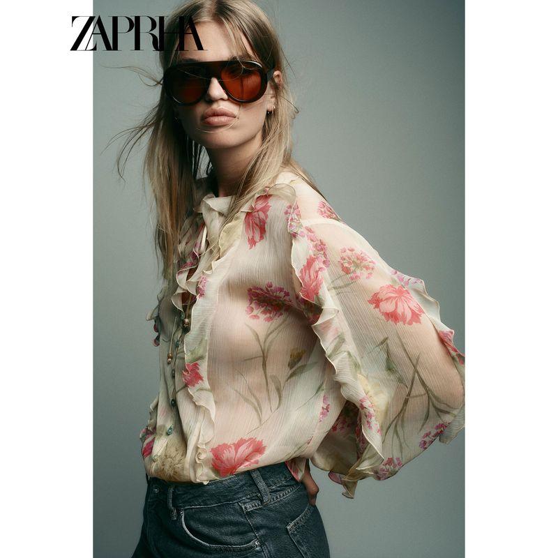 Zaprha 2025 Autumn New Western Style Beautiful Flowers Print Translucent Casual Shirts Women 6852111