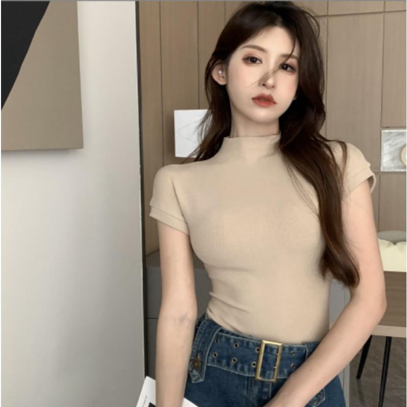 WTEMPO Women Short-sleeved T-shirt Half Turtleneck Summer Trend All-match Top Sexy Slim T-shirt Solid Color Y2k Top Drop Shipping