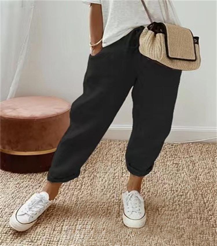 Women Mid Waist Drawstring Linen Harem Pants, Pocket Cuffed Ankle Loose Casual Trousers S-5XL Spring Daily Wear
