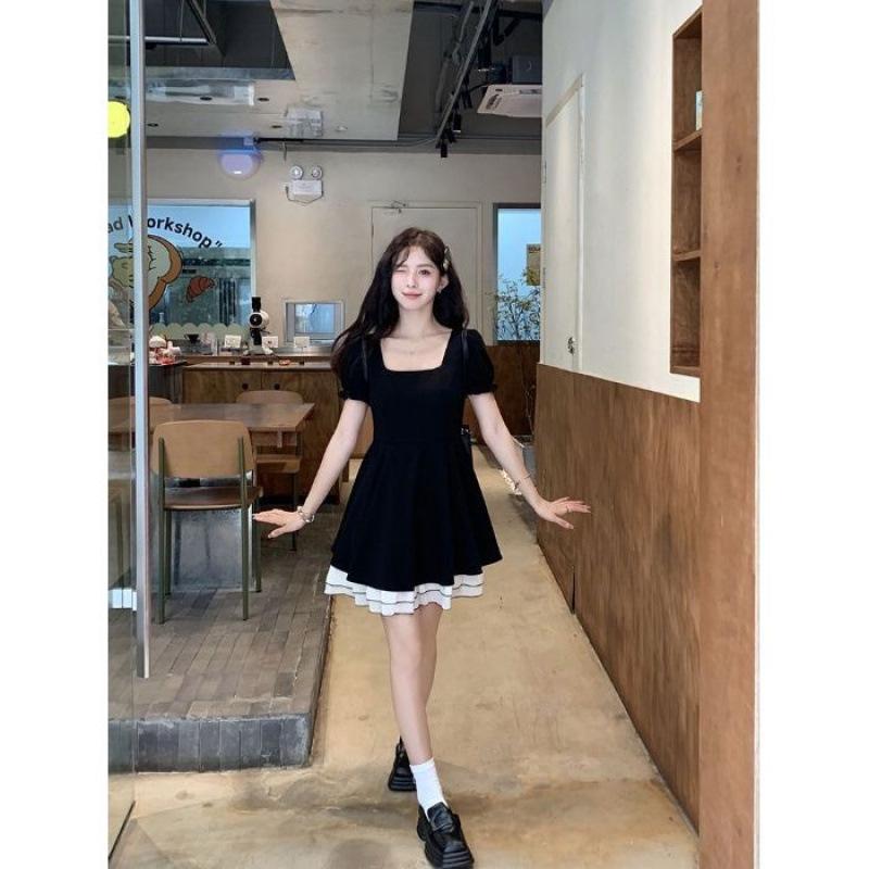 French Hepburn Summer Cinched Waist Black Dress - Slimming Petite Square Neck, Sweet Color Block Patchwork S