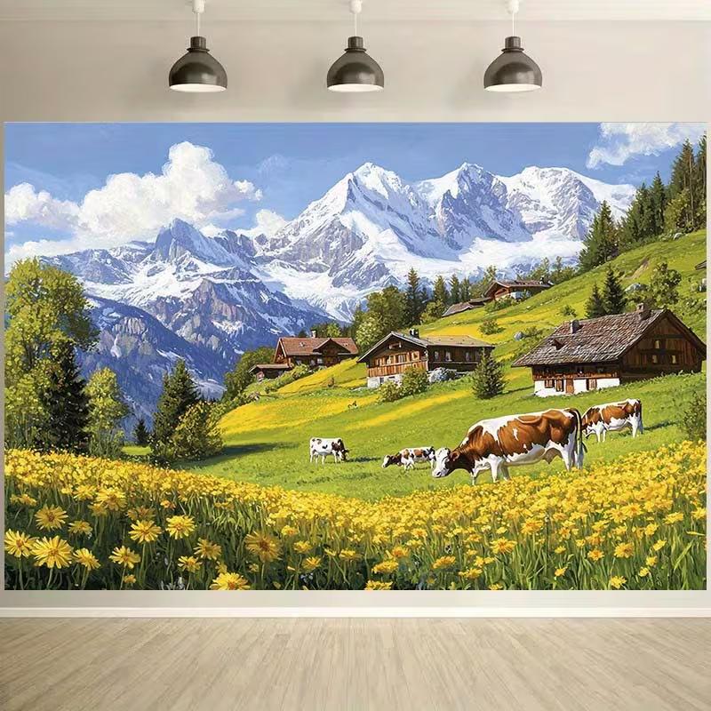 2D Spring Pasture Backdrop Cloth, Cow & Wildflower Photography Background for Kids