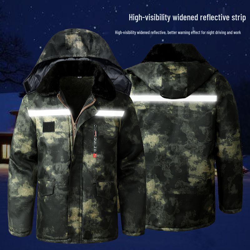 Men's Mid-Length Fleece-Lined Camouflage Overcoat - Windproof, Cold-Resistant, Waterproof, Cotton-Padded for Winter and Labor Protection.
