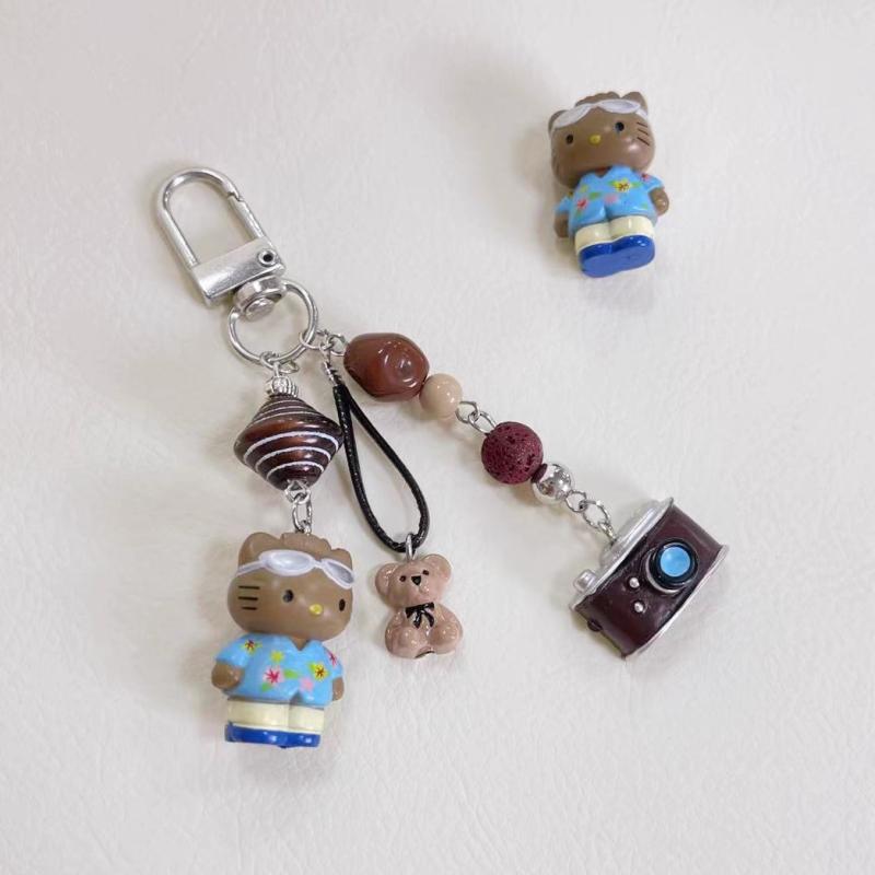 Y2K Vintage Kt Cat Camera Keychain Creative Beaded Keyring Lovely Bag Pendant Decoration Key Accessories Gifts