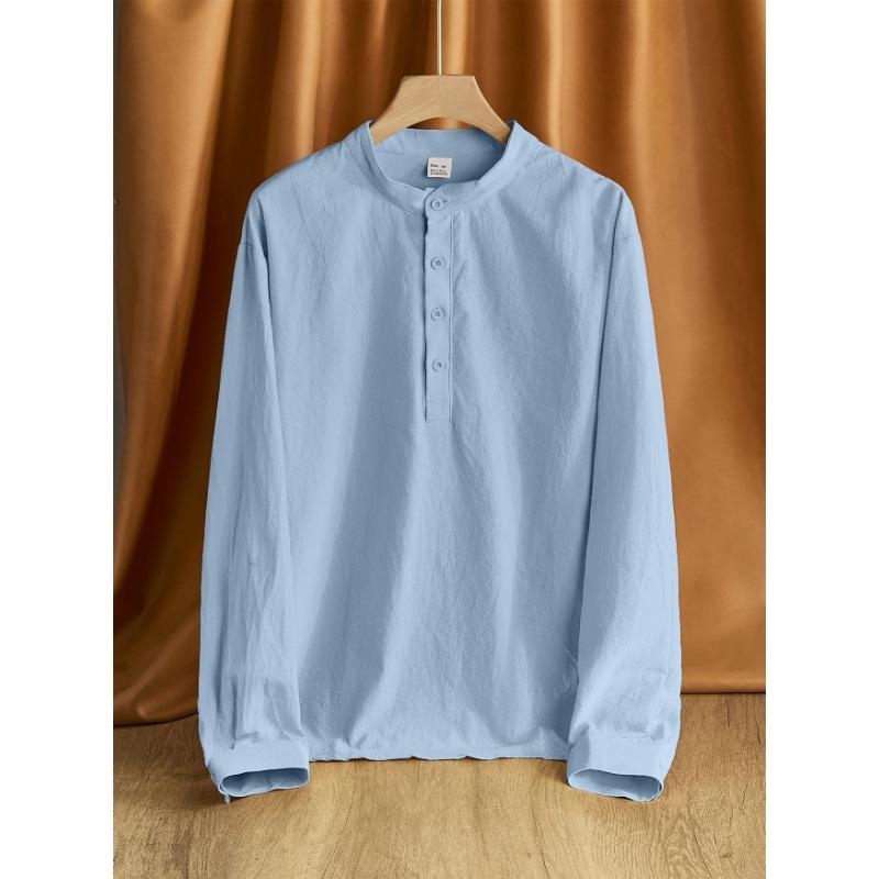 2026 Men's Loose Linen Solid Color Long Sleeve Stand Collar Top Men's Casual Shirt