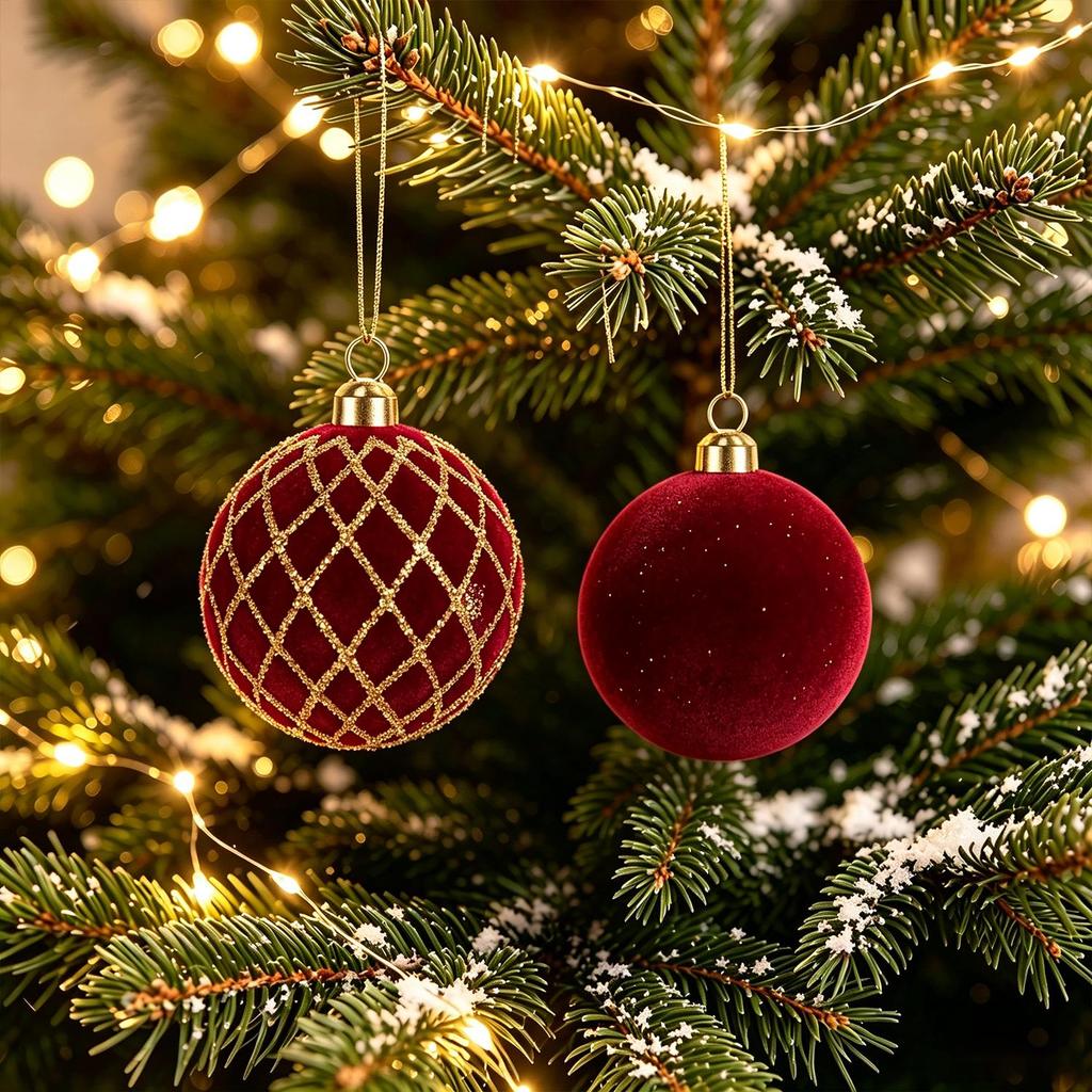 6cm Burgundy Flocked Christmas Baubles with Gold Glitter, 48Pcs Gift Box, 4 Patterns Xmas Tree Hanging Ornaments