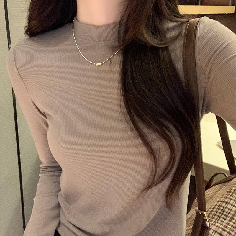 Semi-turtleneck knitted bottoming shirt for women's inner wear autumn and winter new high-end slim-fitting long-sleeved solid-color top