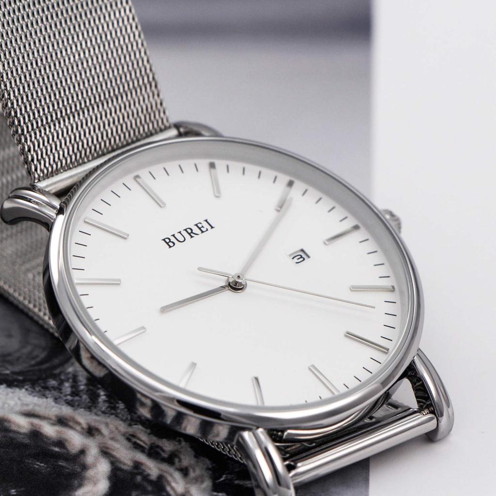 BUREI Men's Watch, Simple, Waterproof, Analog, Business, Milanese Style, Mesh Strap, Stylish, Popular, Date Display, Silver, Brand Name