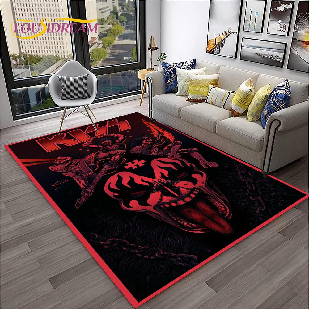 Retro Koberec KISS Rocková Kapela pro Domácí Obývací Pokoj Ložnici Hernu Pohovku Kuchyňskou Rohožku Dekor, Dětský Koberec Protiskluzová Podložka na Podlahu