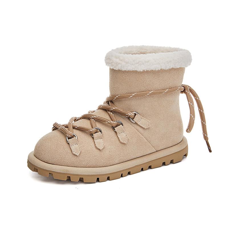 Leather Snow Boots Women's 2025 Winter New Fleece Warm Strap Short Boots Casual Versatile Thick-soled Martin Boots Women