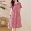 ZANZEA Women Casual Doll Collar Summer Short Sleeve Grid Print Dress