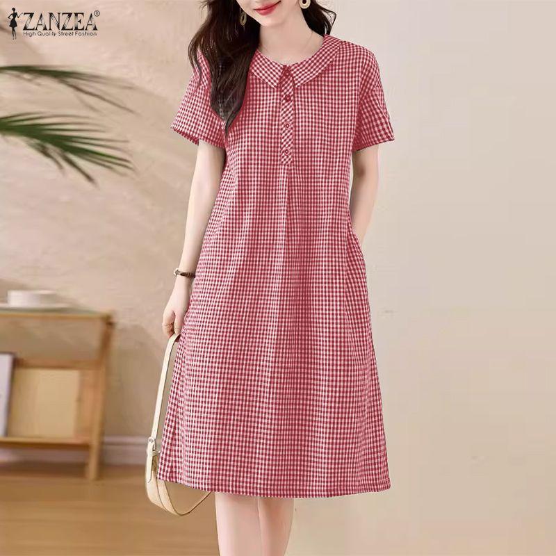 ZANZEA Women Casual Doll Collar Summer Short Sleeve Grid Print Dress