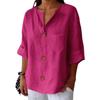 T-shirt da donna estiva nuova, larga, in cotone e lino, con scollo a V, bottoni, casual