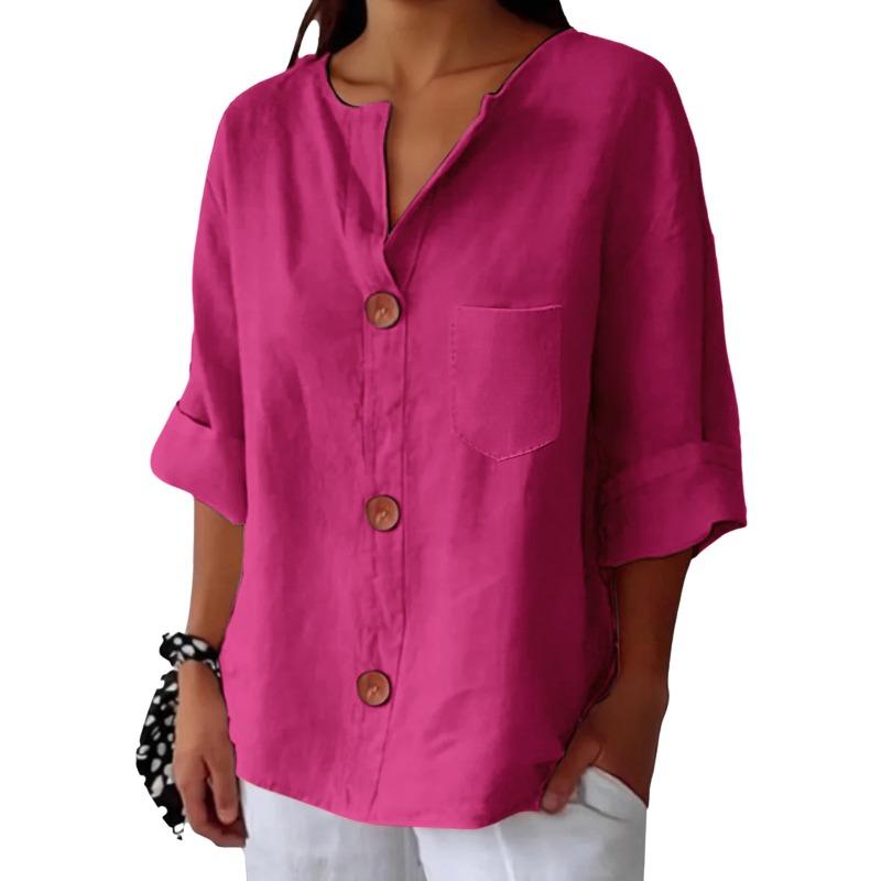 T-shirt da donna estiva nuova, larga, in cotone e lino, con scollo a V, bottoni, casual