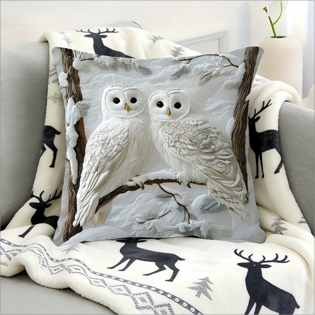 2D Snowy Owl Couple Pillow Cover Winter Forest Owl Print Cushion Case For Sofa Couch Boho Animal Lover Home Decor