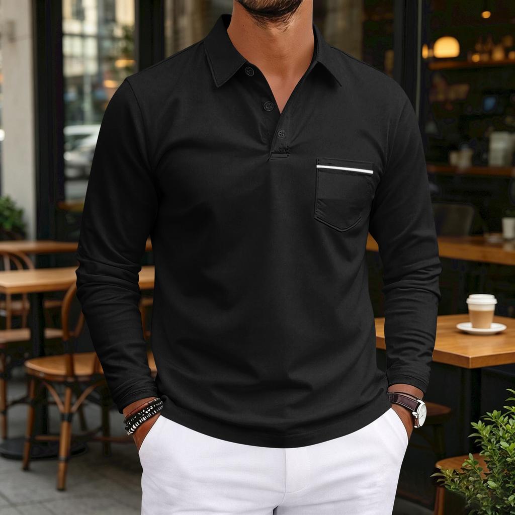 Men's Casual Long Sleeve V-Neck Button Front Shirt with Pocket