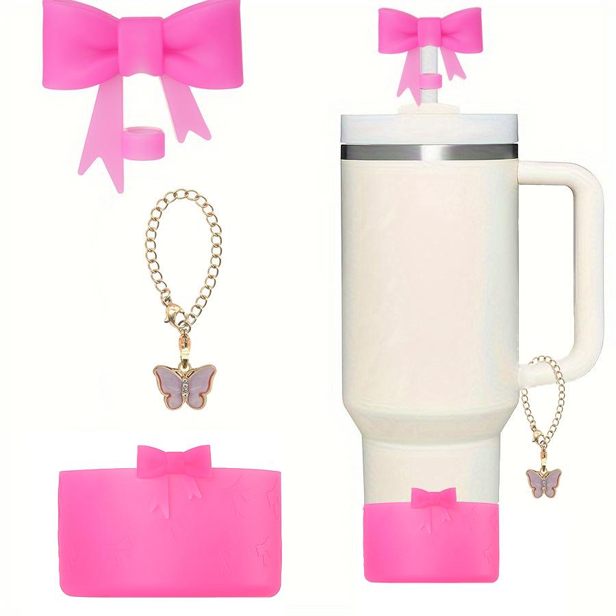 3Pcs Bow Straw Cap Covers Toppers Accessories for Stanley 30&40 Cups Silicone Boot Butterfly Charm Chain for Tumbler with Handle