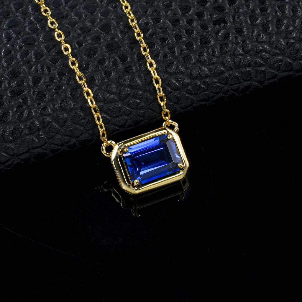 Women's Minimalist S925 Sterling Silver Necklace with Rectangular Cultured Emerald in Square Frame and Four-Claw Setting