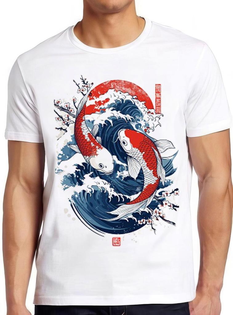 Yin Yang Die Große Welle vor Koi-Fischen Kirschblüten Japanisches Geschenk T-Shirt 2435