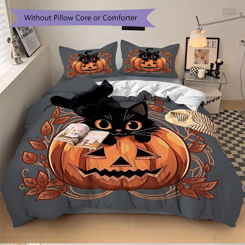 3pcs Pumpkin and Flowers Cat Bedding Set - Includes Quilt Cover and Pillowcases, Suitable for All Seasons N077