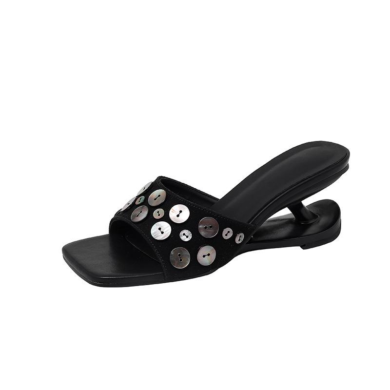 Square Toe Shell Button Decor Women Slippers Summer New Designer Wedge Heel Sandals Ladies Beach Holiday Shoes