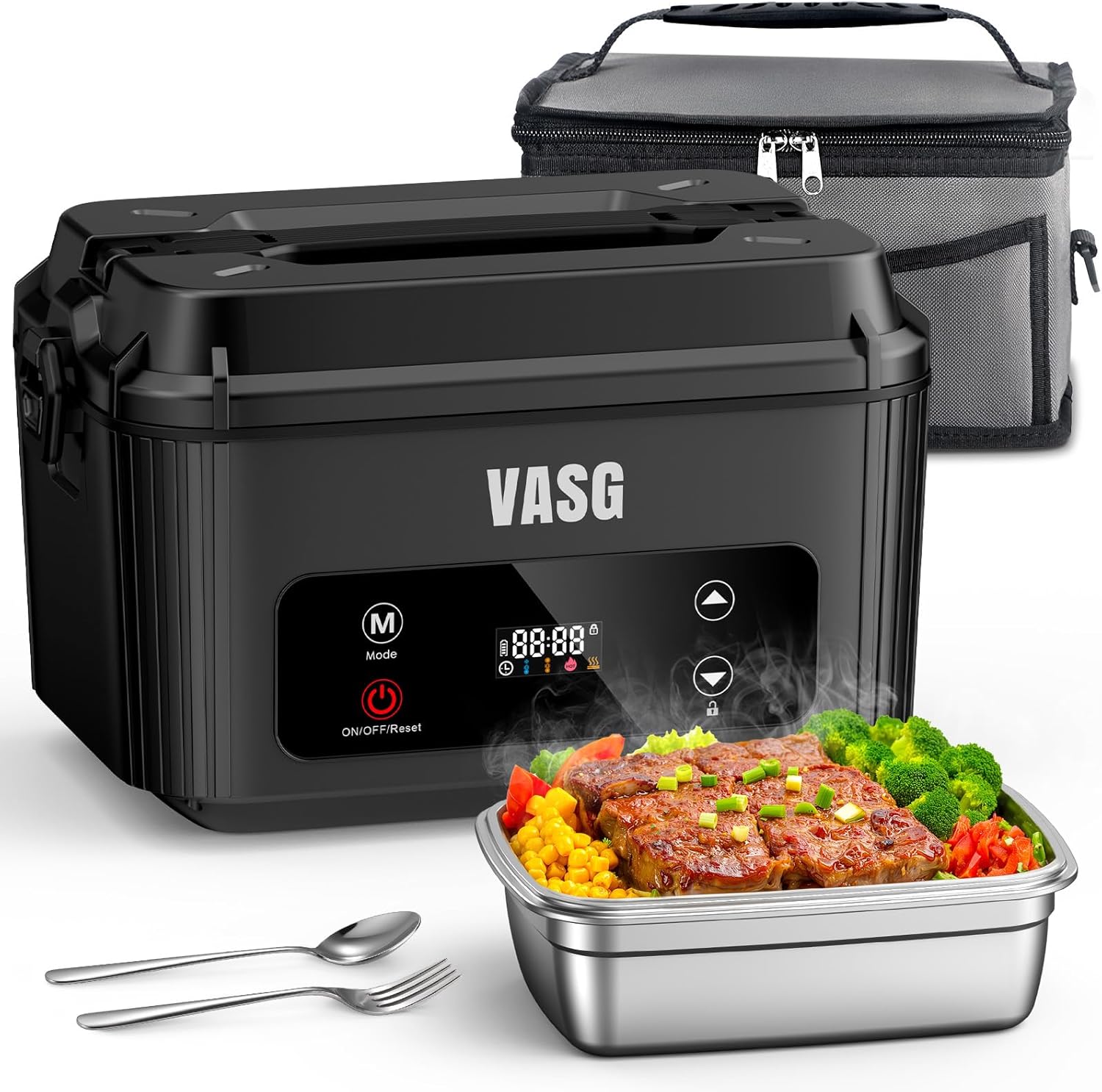 

Cordless Heated Lunch Box 1.2L, 12000mAh Electric Food Warmer with Timer & LCD Display for Office, Car, Outdoor Use чорний
