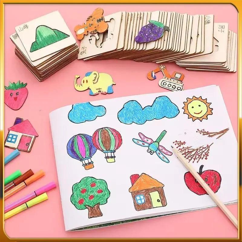 Zufällige 32 Stück Kinder Holz Zeichenspielzeug DIY Malvorlagen Schablone Bastelspielzeug Puzzle Lernspielzeug für Kinder Geschenke