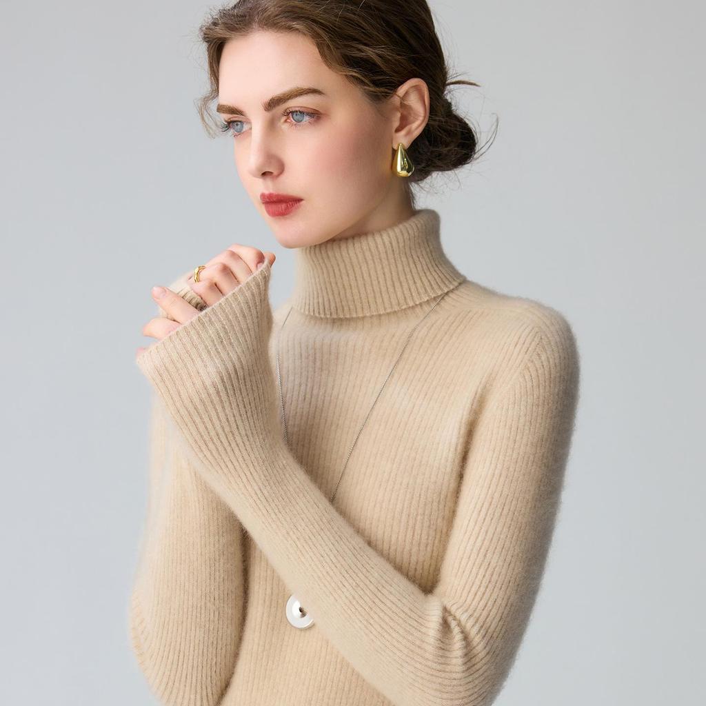 Women's High Neck Slim Fit Pure Cashmere Sweater - Warm Ribbed Knitwear for Autumn/Winter 2026 in Solid Colors