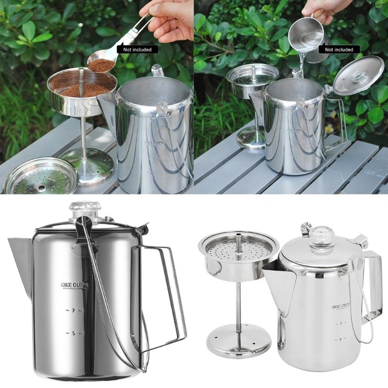 Kaffeperkolator med gångjärnslock Rostfritt stål Genomskinlig knopp Kaffebryggare Kaffekanna för lägereldar och spishällsbryggning